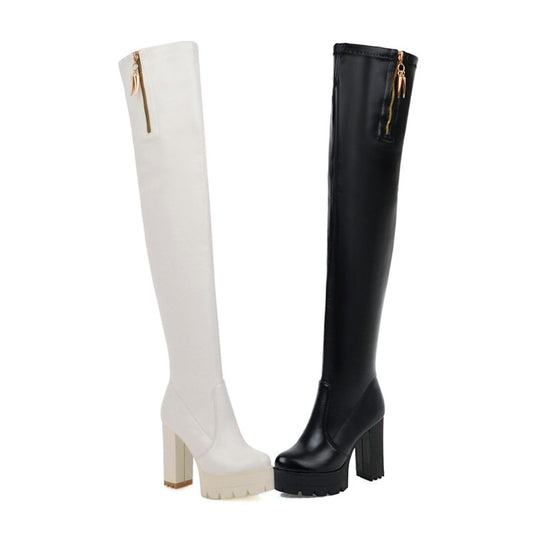 Woman Pu Leather Round Toe Side Zippers Chunky Heel Platform Over the Knee Boots