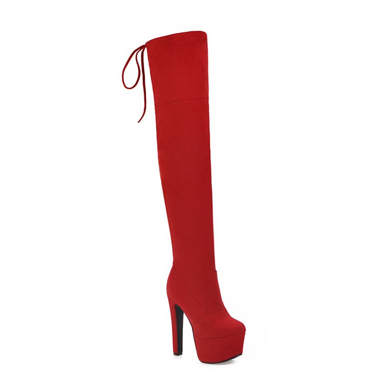 Woman Suede Round Toe Back Tied High Heel Platform Over the Knee Boots