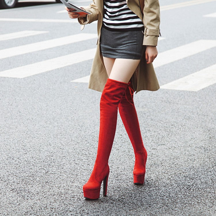 Woman Suede Round Toe Back Tied High Heel Platform Over the Knee Boots