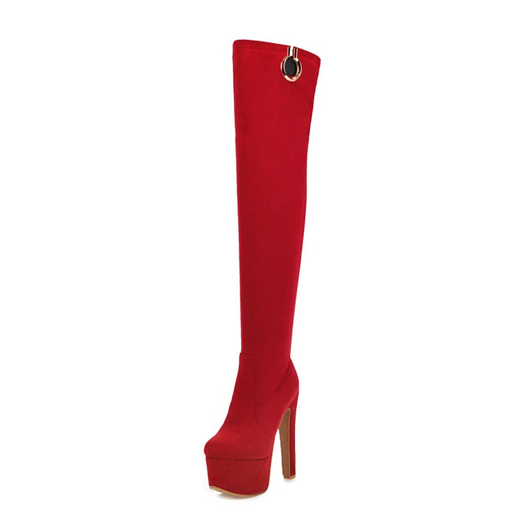 Woman Suede Round Toe High Heel Platform Over the Knee Boots