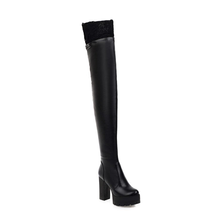 Woman Pu Leather Lace Stitching Block Heel Platform Over the Knee Boots