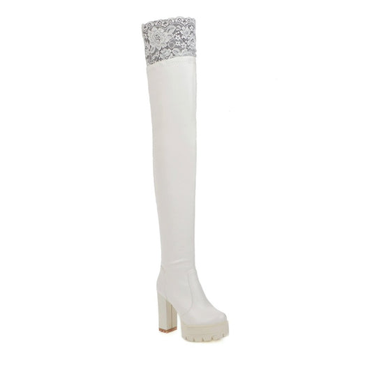 Woman Pu Leather Lace Stitching Block Heel Platform Over the Knee Boots