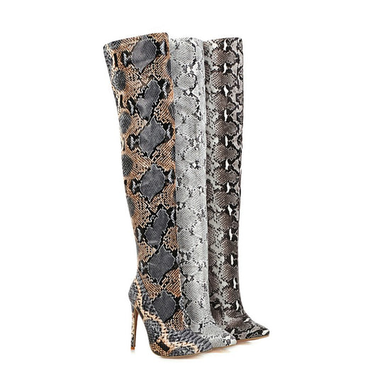 Woman Snake Pattern Pointed Toe Stiletto Heel Over the Knee Boots