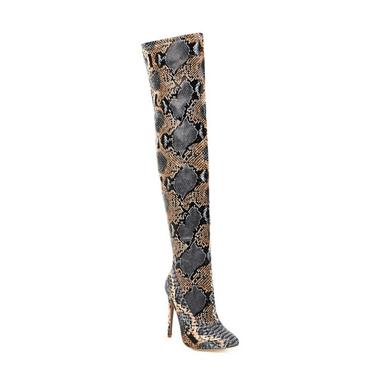 Woman Snake Pattern Pointed Toe Stiletto Heel Over the Knee Boots