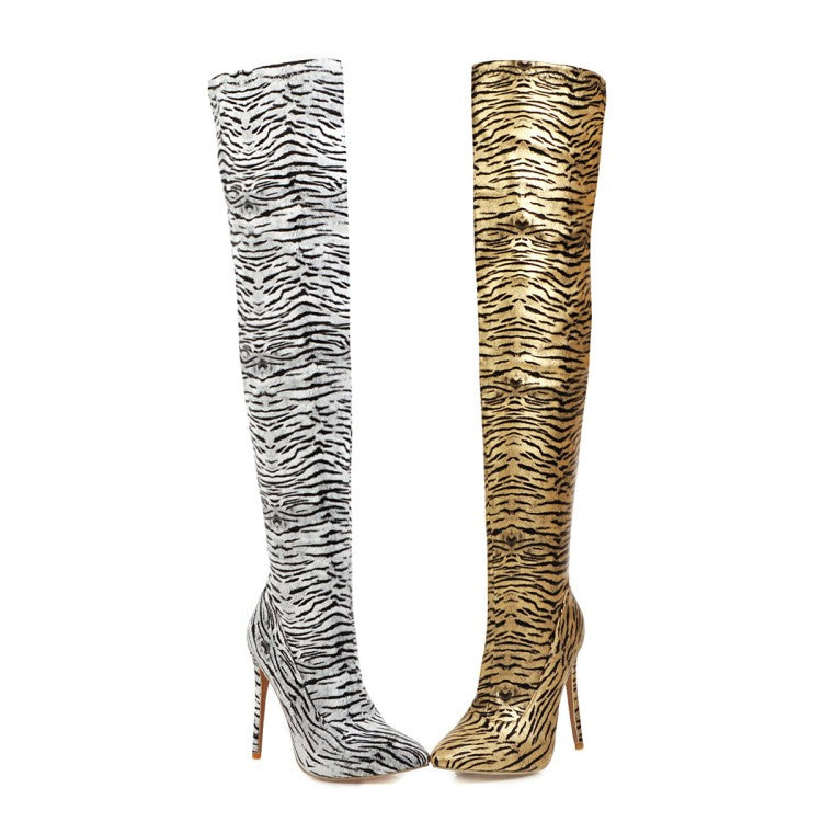 Woman Zebra Printed Pointed Toe Stiletto Heel Over the Knee Boots