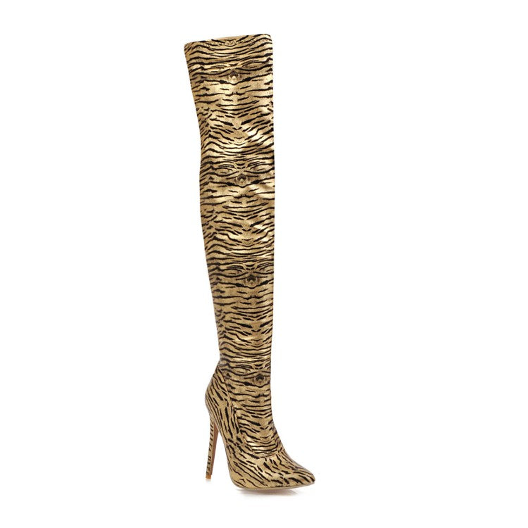 Woman Zebra Printed Pointed Toe Stiletto Heel Over the Knee Boots