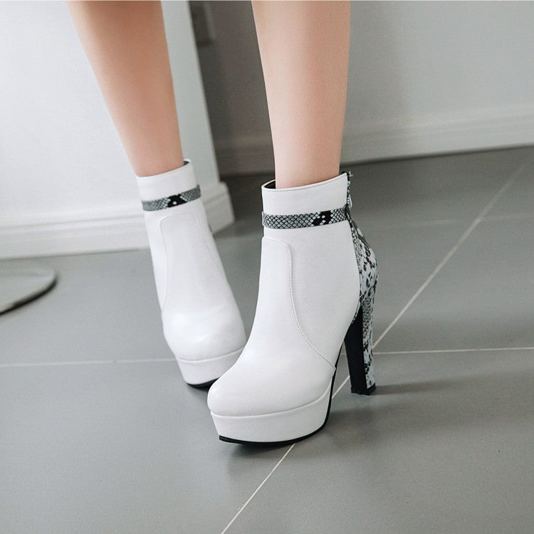 Woman Pu Leather Snake Pattern Chunky Heel Platform Short Boots