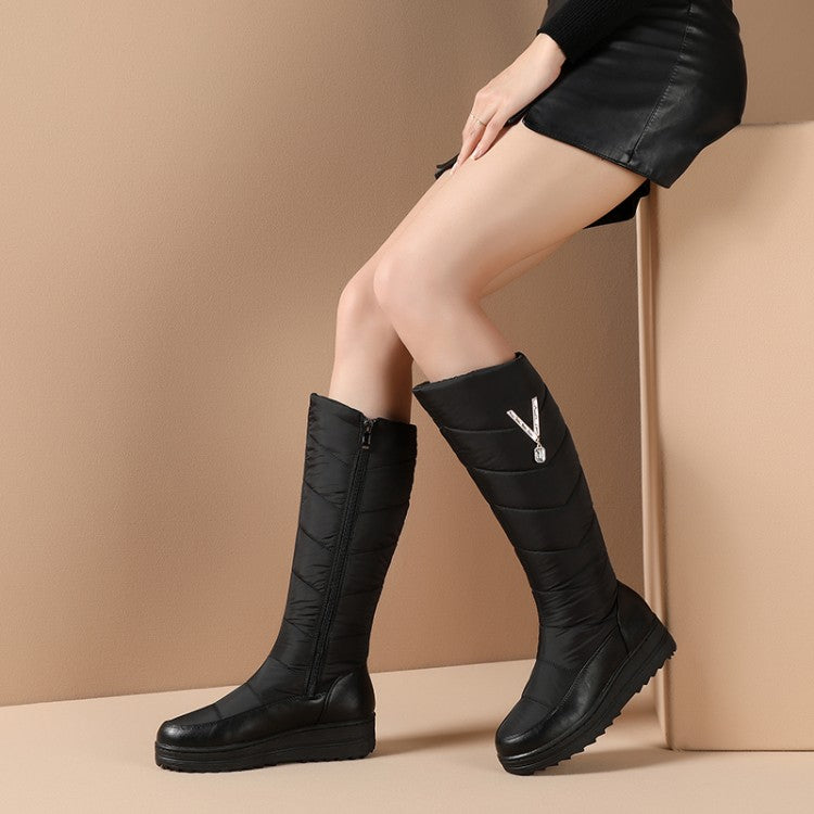 Women Waterproof Rhinestones Platform Wedge Heels Down Tall Boots for Winter