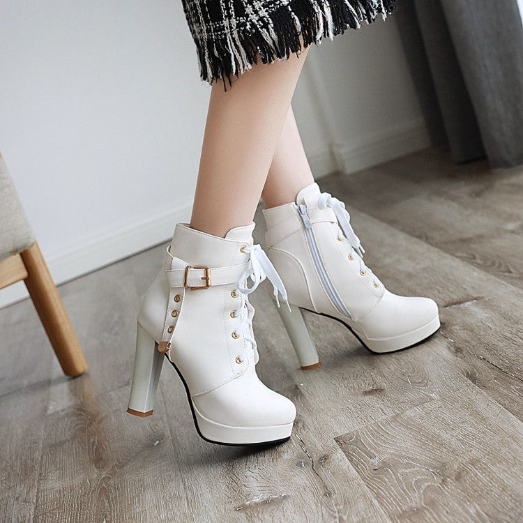 Women Lace Up Side Zippers Chunky Heel Platform Ankle Boots