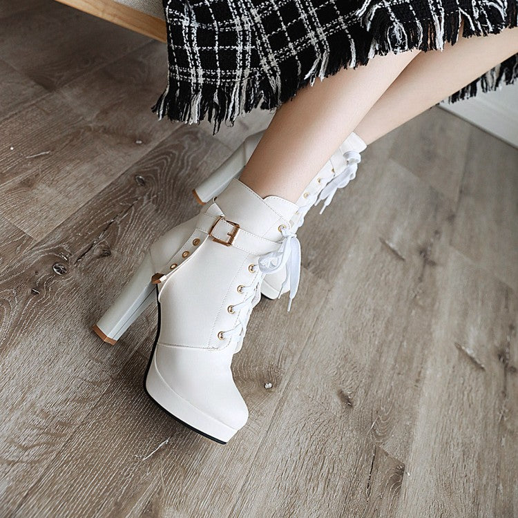 Women Lace Up Side Zippers Chunky Heel Platform Ankle Boots