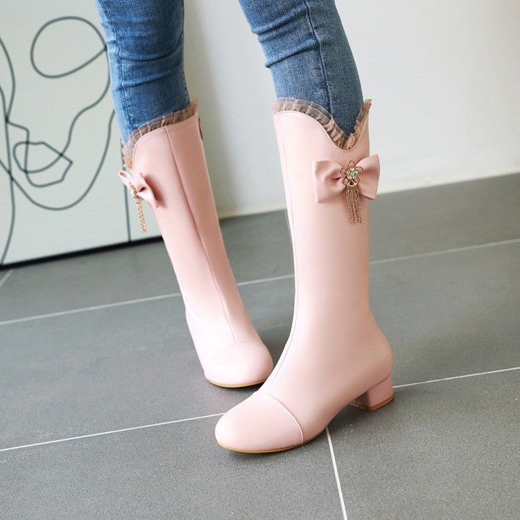 Woman Bow Lace Low Heel Mid Calf Boots