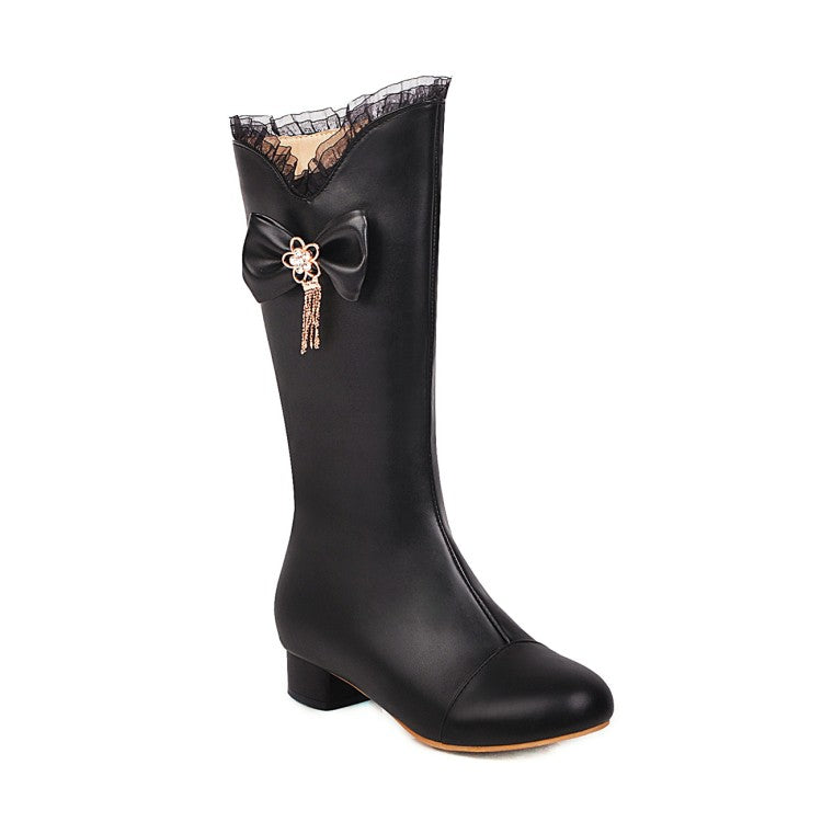 Woman Bow Lace Low Heel Mid Calf Boots