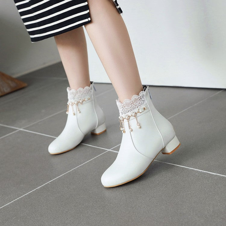Woman Lace Pearls Tassel Low Heel Short Boots