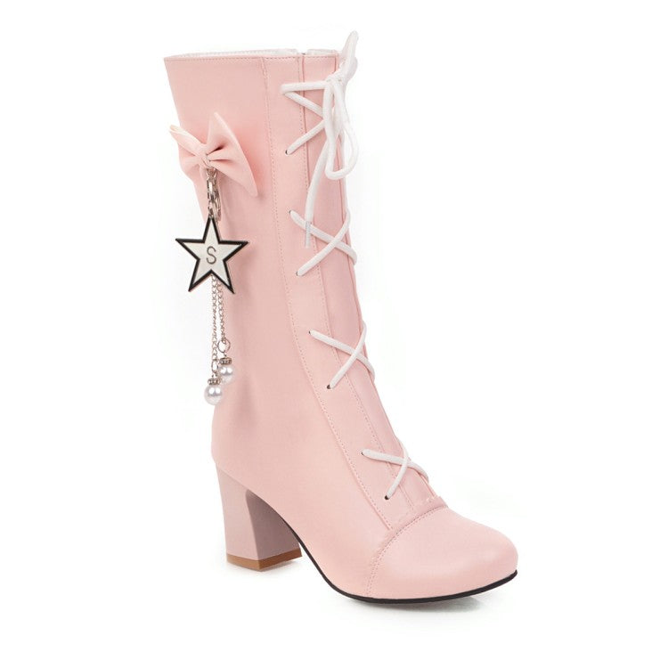 Women Pu Leather Lace Up Bowtie Stars Tassel Block Heel Mid Calf Boots
