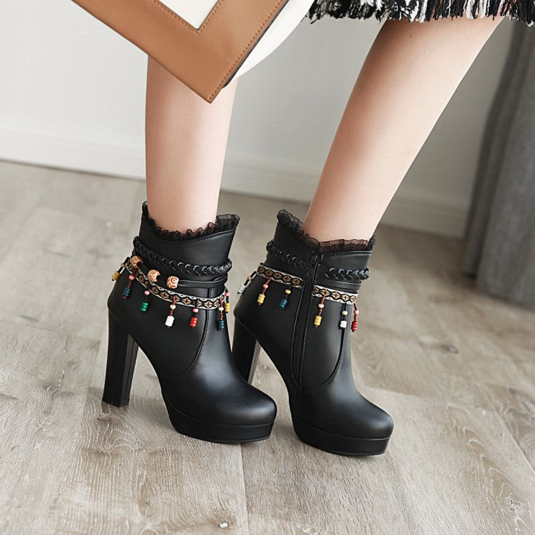 Women Pu Leather Ethnic Tassel Lace Chunky Heel Platform Ankle Boots