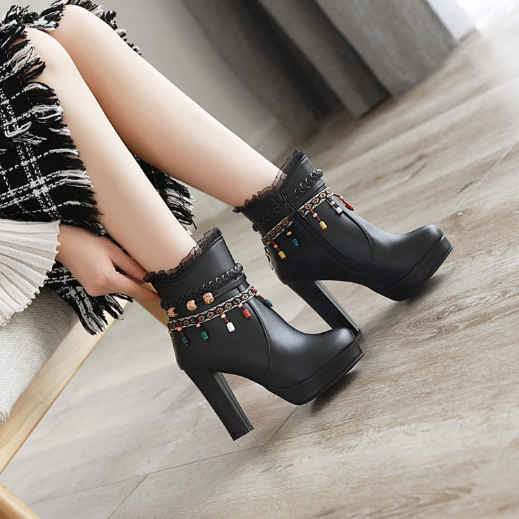 Women Pu Leather Ethnic Tassel Lace Chunky Heel Platform Ankle Boots