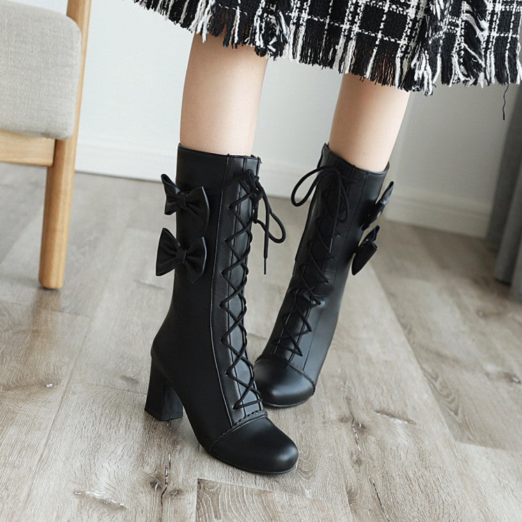 Women Pu Leather Round Toe Lace Up Bowtie Block Heel Mid Calf Boots