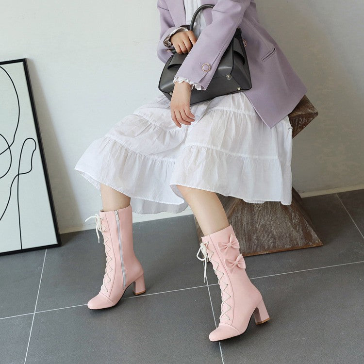 Women Pu Leather Round Toe Lace Up Bowtie Block Heel Mid Calf Boots