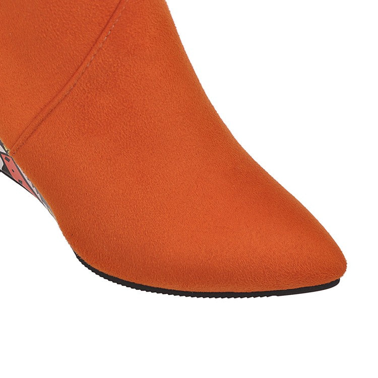 Women Suede Pointed Toe Ethnic Wedge Heel Short Boots