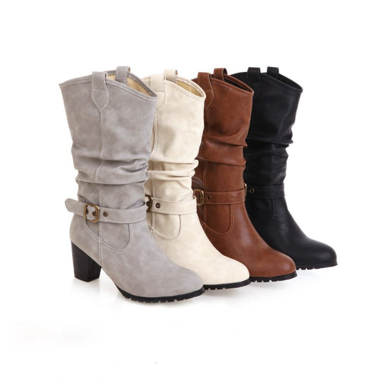 Women Pu Leather Pointed Toe Belts Buckles Stitching Block Heel Mid Calf Boots