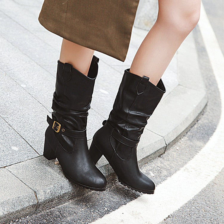 Women Pu Leather Pointed Toe Belts Buckles Stitching Block Heel Mid Calf Boots