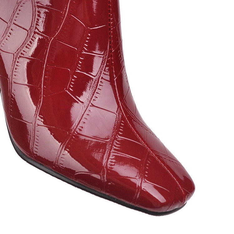 Woman Crocodile Pattern Pu Leather Square Toe Block Heel Short Boots
