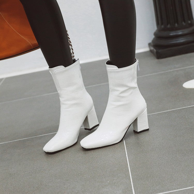 Woman Crocodile Pattern Pu Leather Square Toe Block Heel Short Boots