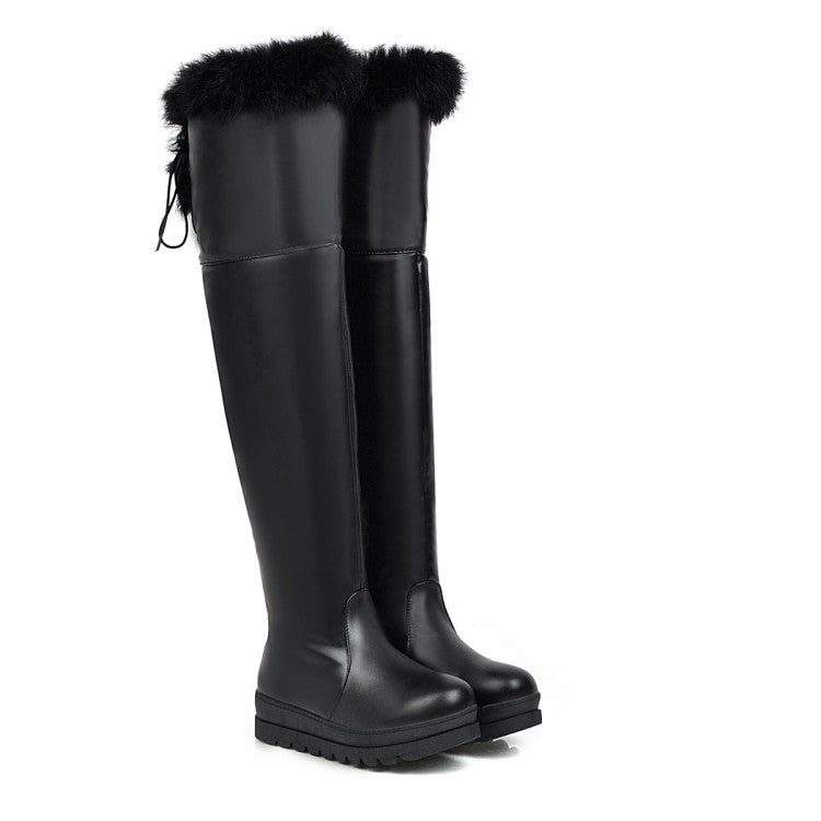 Woman Fur Platform Wedges Heels Knee High Boots