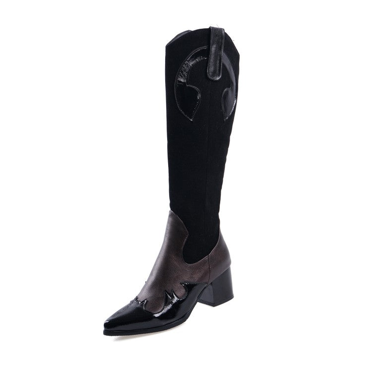 Women Patchwork Pointed Toe Block Chunky Heel Knee High Boots