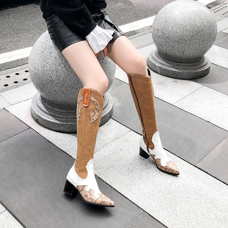 Women Patchwork Pointed Toe Block Chunky Heel Knee High Boots
