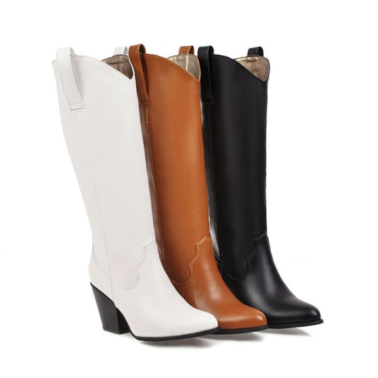 Women Pu Leather Pointed Toe Block Heel Knee High Boots