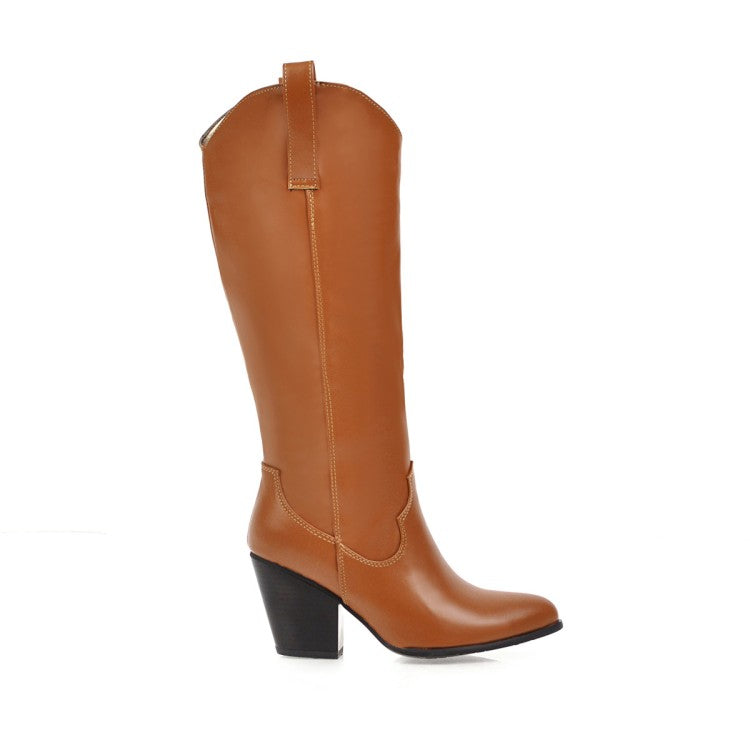 Women Pu Leather Pointed Toe Block Heel Knee High Boots