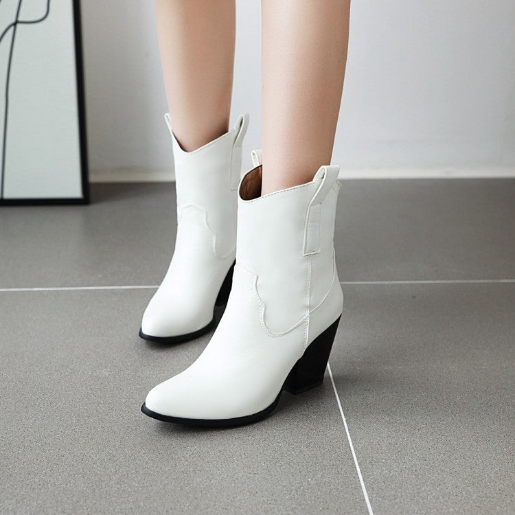 Women Pu Leather Pointed Toe Stitching Patchwork Block Heel Short Boots