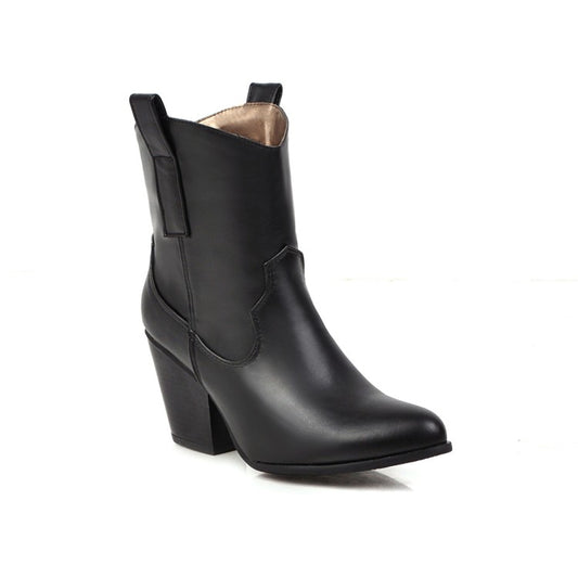 Women Pu Leather Pointed Toe Stitching Patchwork Block Heel Short Boots