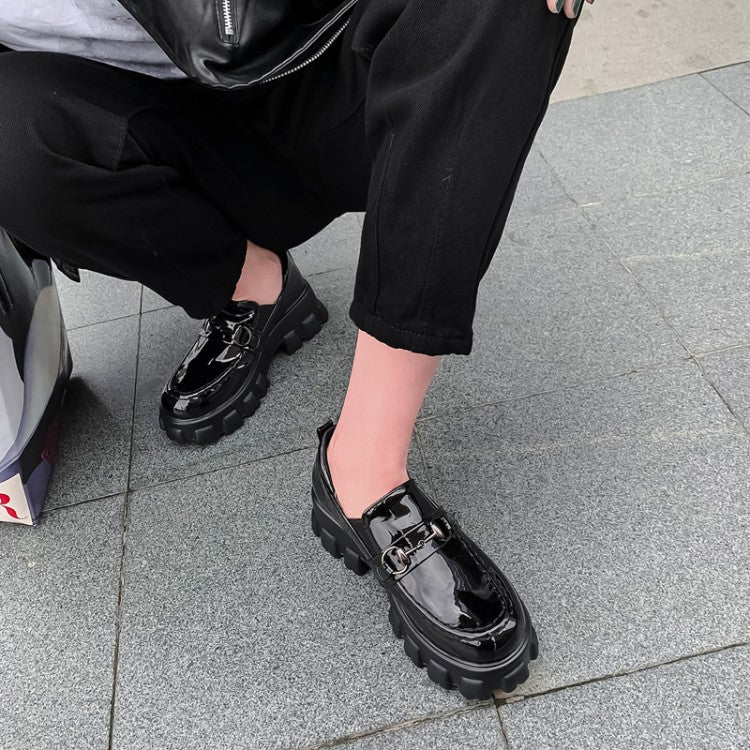 Women Solid Color Leather Round Toe Metal Decor Platform Platform High Heels Shoes