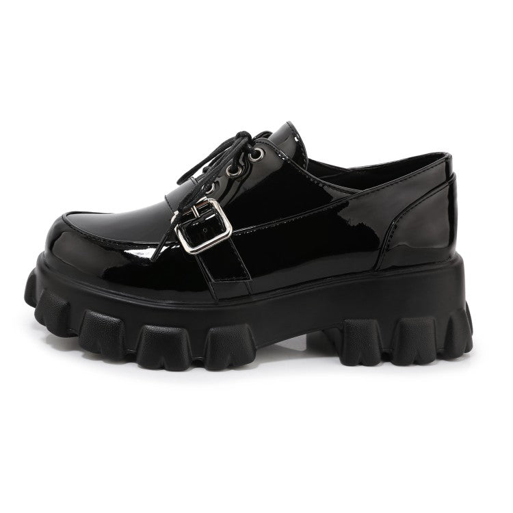 Women Solid Color Patent Leather Buckle Strap Platform High Heels Shoes