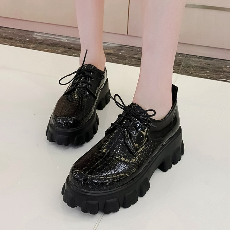 Women Solid Color Crocodile Pattern Lace Up Platform High Heels Shoes