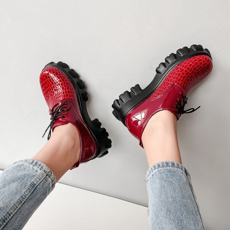 Women Solid Color Crocodile Pattern Lace Up Platform High Heels Shoes