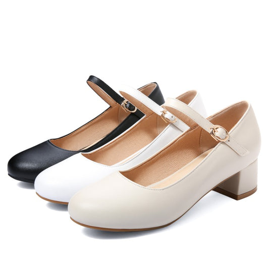 Women Pumps Solid Color Round Toe Hollow Out Block Heel Mary Jane