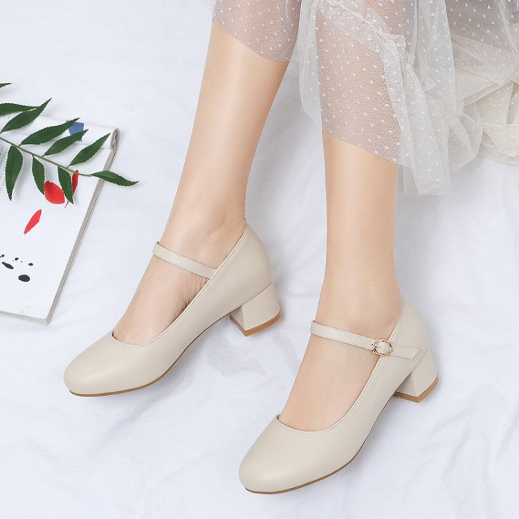 Women Pumps Solid Color Round Toe Hollow Out Block Heel Mary Jane