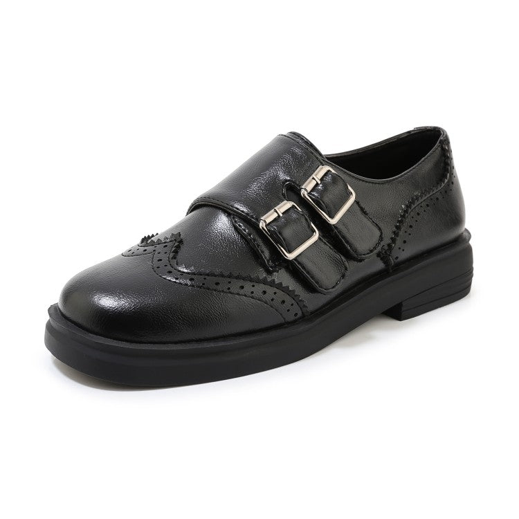 Women Solid Color Round Toe Stitching Double Buckle Slip on Oxford Flats Shoes