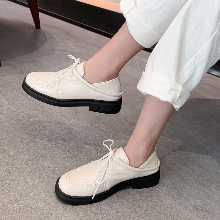 Women Solid Color Lace Up Stitching Slip on Flats Platform Shoes