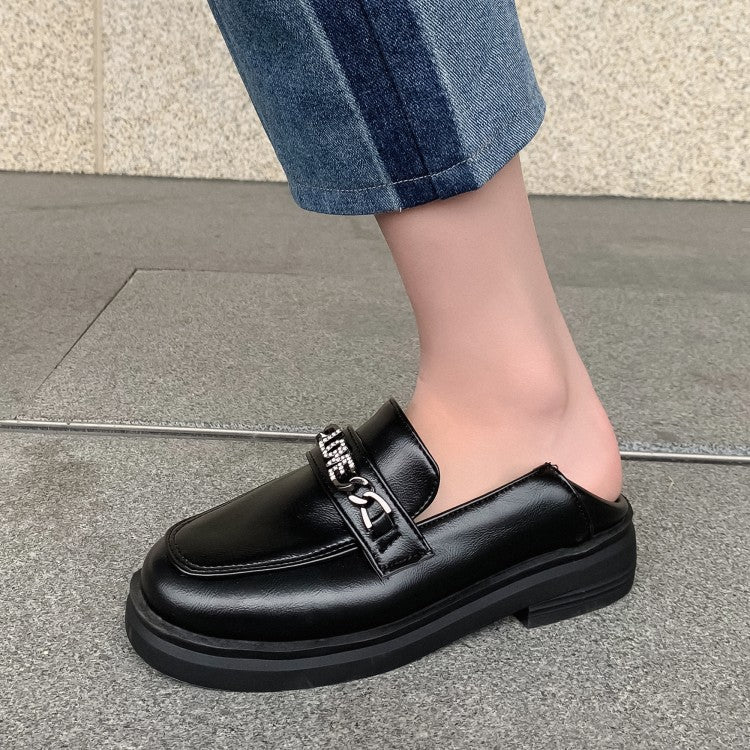 Women Solid Color Square Toe Rhinestone Metal Decor Slip on Flats Shoes