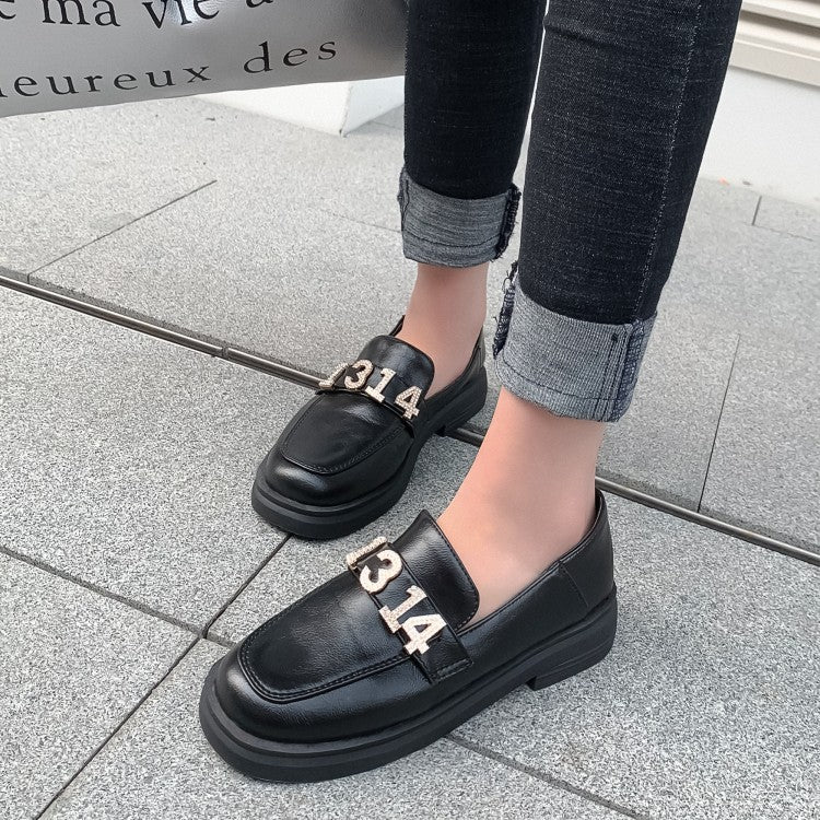 Women Solid Color Round Toe Rhinestone Decor Slip on Flats Shoes