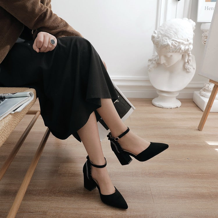 Woman Suede Ruffles Pointed Toe Block Heel Sandals