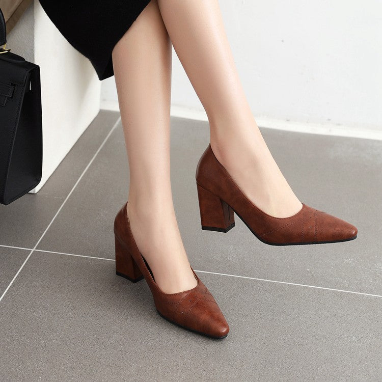 Woman Pointed Toe High Heels Chunky Pumps