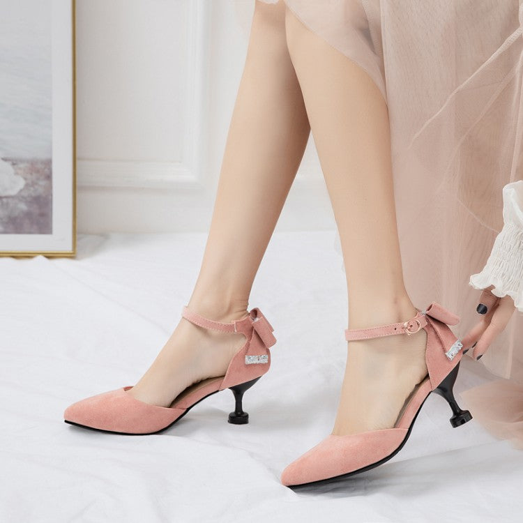 Woman High Heels Suede Pointed Toe Ankle Strap Back Butterfly Knot Spool Heel Stiletto Sandals