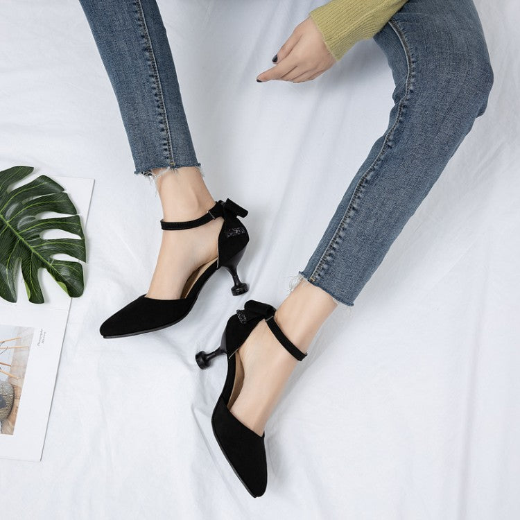 Woman High Heels Suede Pointed Toe Ankle Strap Back Butterfly Knot Spool Heel Stiletto Sandals