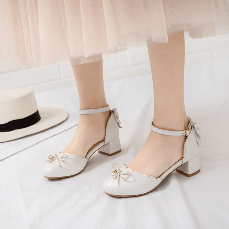 Women Solid Color Round Toe Butterfly Knot Pearls Block Heel Sandals