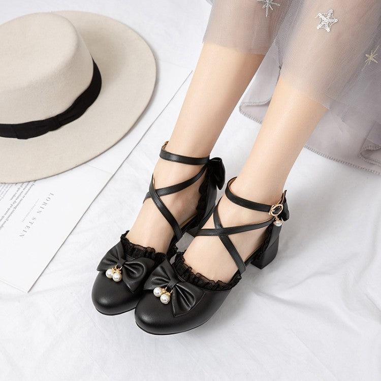 Women Solid Color Lace Butterfly Knot Hollow Out Block Heel Sandals